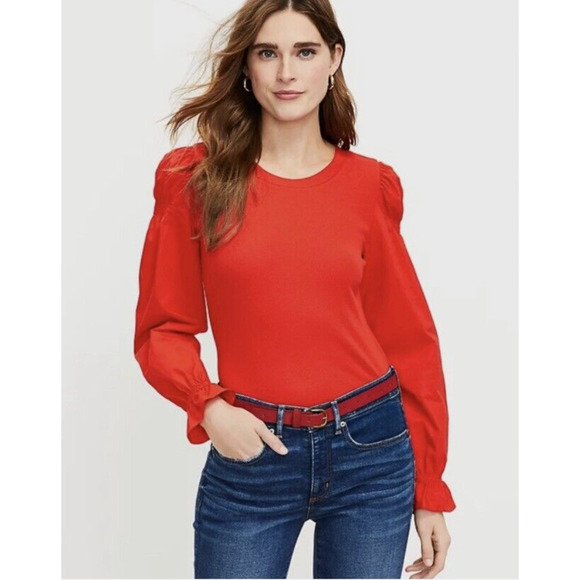 LOFT Women’s Small Viva Red Ruffle‎ Cuff Mixed Media Blouse Crew Neck Office NWT - Picture 1 of 7